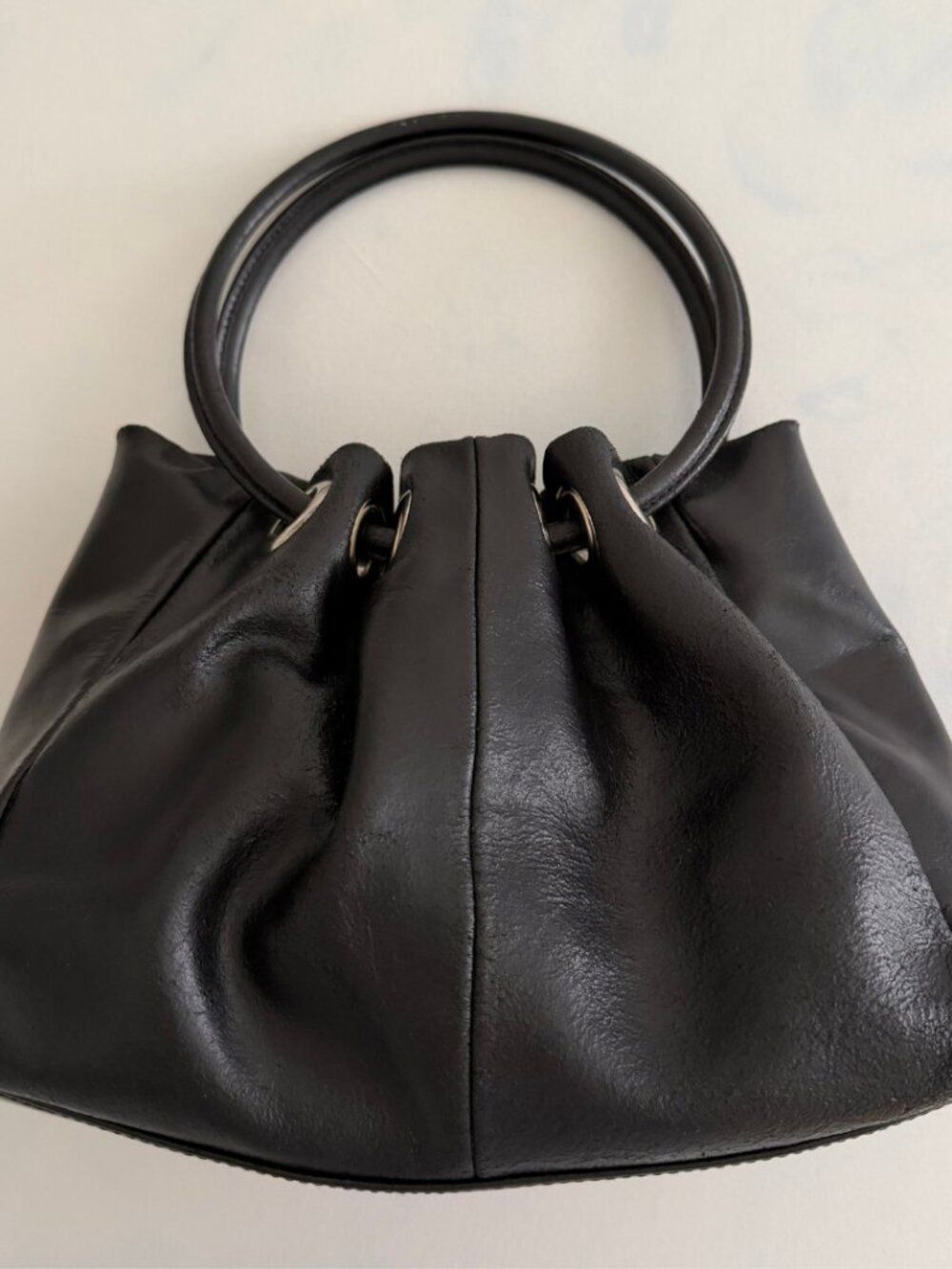 Wilsons Leather VTG Black Grunge Circle Handle Eyelet Scrunch Handbag Purse
